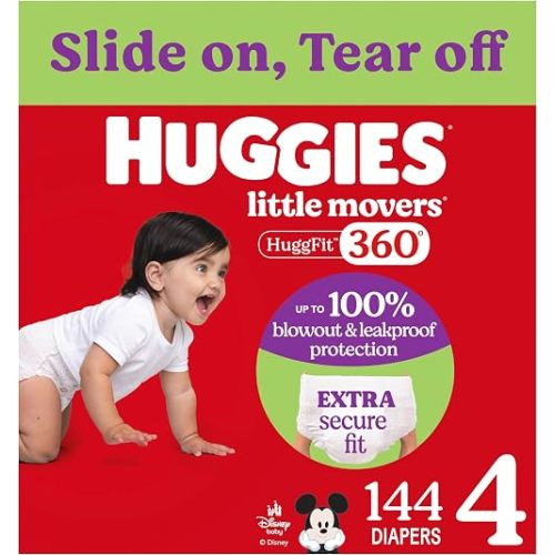 Huggies Size 4 Baby Diapers, Little Movers HuggFit 360° Baby Diapers with 360° Waistband, Size 4 (22-37 lbs), 144 Count (4 Packs of 36), Packaging May Vary
