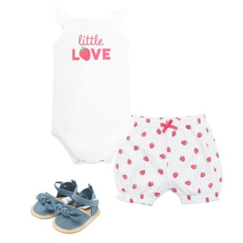 Hudson Baby Girl Cotton Bodysuit, Shorts and Shoe Set, Hot Pink Strawberry Love, 6-9 Months