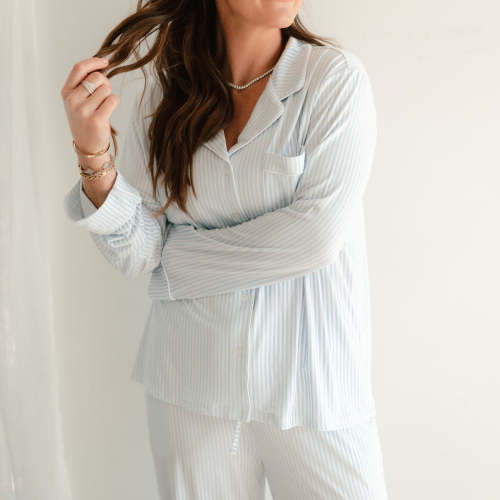 Women's Button Up Set In Blue Pin Stripes