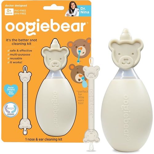 oogiebear BearPair Silicone Bulb Baby Nasal Aspirator and Ear & Nose Syringe, Safely Sucks Snot and Removes Mucus, Cleanable and Reusable, Grey