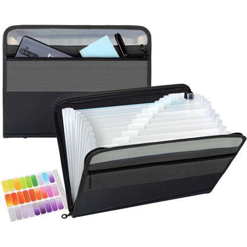 Expanding File Folder 13 Pockets with Zipper Closure, TRANBO Letter/A4 Size Plastic Portable Document Organizer (Black)
