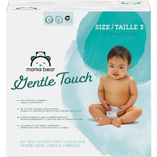 Amazon Brand - Mama Bear Gentle Touch Baby Diapers, Size 3, 168 Count (4 packs of 42), Leakproof, Keeps Baby Dry, Skin Safe, Formulated without Fragrance with Wetness Indicator