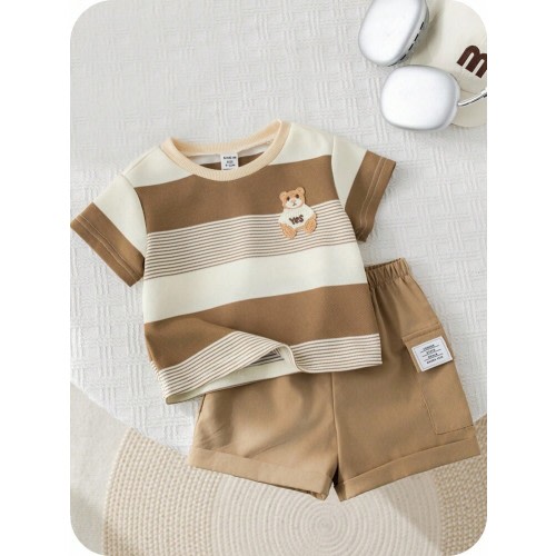SHEIN 2pcs/Set Baby Boy Summer Cute Stripe Cartoon Bear Print Short Sleeve T-Shirt & Elastic Waist Khaki Shorts Set Baby Boy Summer Sets Baby Boy Clothes Baby Boy Clothes Mocha Baby Clothes Brown Outfit Brown Baby Boy Set Mocha Baby Outfit | SHEIN USA