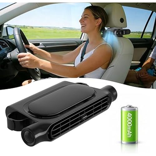 Car Fan with 4000mAh Battery, Portable Car Air Conditioner for Front or Back Seat Cooling, Easy Install Car Seat Fan for Kids, USB Car Fans That Blow Cold Air Car Essentials for Summer Road Trips