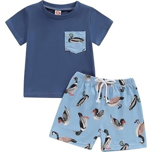 Toddler Baby Boy Summer Clothes Duck Print Short Sleeves T-Shirt Elastic Camouflage Shorts 2 Piece Outfit