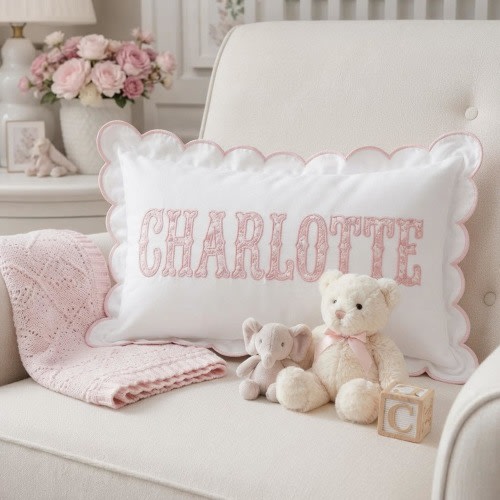 Personalized Embroidered Baby Name Pillow Cover, Scallop Edge Lumbar Pillow Cover, Custom Nursery Pillowcase, Crib Decor