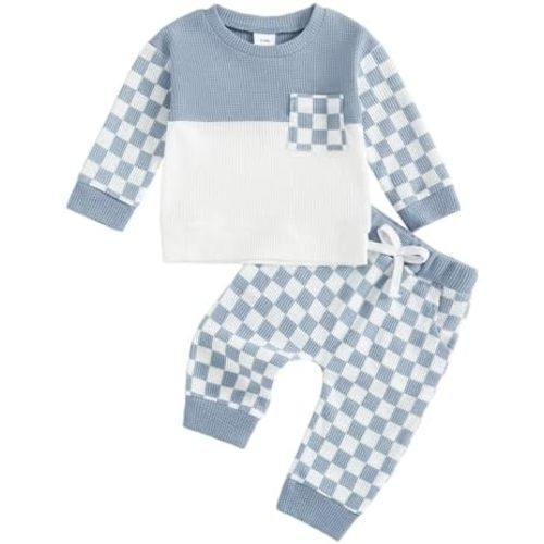 Toddler Baby Boy Fall Outfit Contrast Color Sweatshirt Tops with Elastic Waist Pants Cute Infant Newborn Waffle Clothes