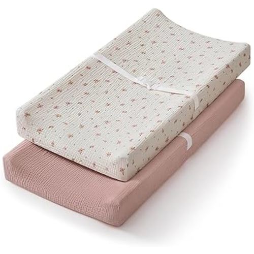 Blissful Diary Muslin Changing Pad Cover for Girls Boys, Ultra Soft Breathable Cotton, Baby Diaper Change Table Pad Covers, 2Pack (Pink Floral & Light Pink)