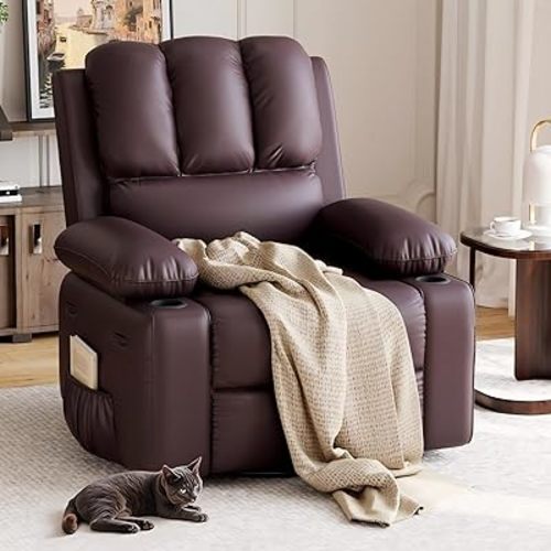 GarveeHome Recliner Chair, 360° Swivel Rocker Recliners with Heat & Massage, Soft Lazy Boy Recliner Chair with 2 Cup Holders and Side Pocket for Living Room Bedrooms and Nurseries (Deep Brown, 22")
