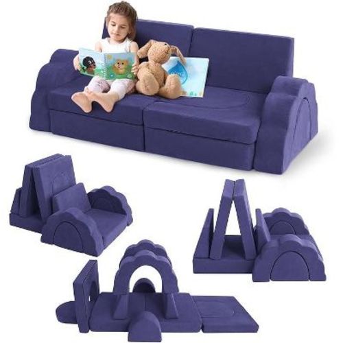 Coucheta 11-Piece Modular Kids Play Couch Collection - Convertible Foam for Playroom & Bedroom, in Blue & Grey Shades