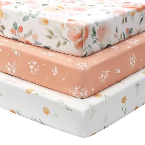 FIEMOL Baby Crib Sheets Girl, 3 Pack Toddler Bed Sheets for 52”x28” Standard Toddler Mattresses, Soft Microfiber Fitted Crib Sheets Neutral Orange Watercolor Flower