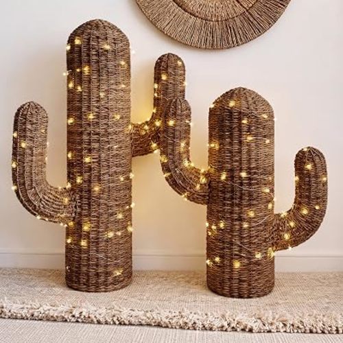 Yookeer 2 Piece Rattan Western Cactus Decor, 15 & 11 Inch Southwestern Desert Cactus Sculptures with LED String Lights, Summer Farmhouse Boho Handwoven Decor for Neutral Home Living Room Bedroom
