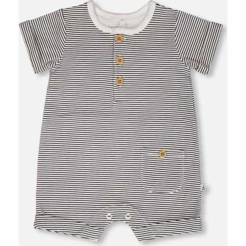 Cotton Jersey Romper, Black & Off White Stripes - Deux par Deux | Maisonette