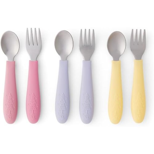 Elk and Friends Kids Silverware with Silicone Handle | Childrens Safe Flatware | Toddler Utensils | Baby Spoons + Forks | Stainless Steel Cutlery | Dishwasher Safe | 6 Pieces