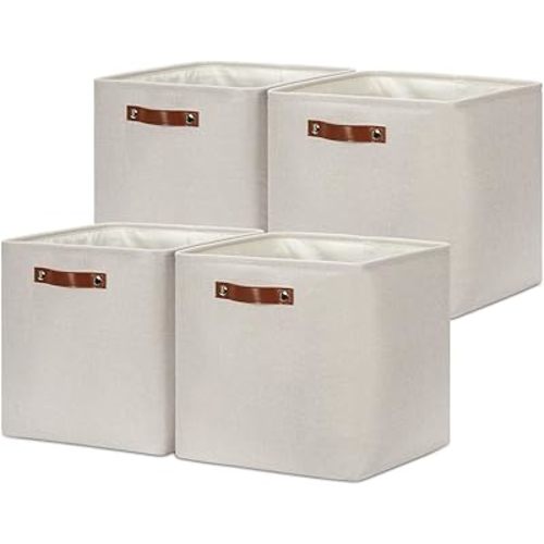 DULLEMELO Storage Bins, 4 Pack Of 13x13x13 Decorative Storage Cube Bins Suit Office, Home, Shelves And Closet, Cube Storage Bin with Leather handle(4 Pack - 13" Beige)