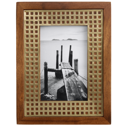 Brown Acacia Wood and Gold Steel Grid Cutout Picture Frame