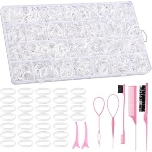 Clear Rubber Bands with 7 Hair Styling Tools, 1500 Pcs Elastic Ties Small Rubber Bands Baby Toddler Hair Ties for Girls Christmas Gifts