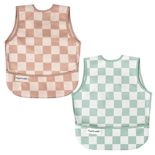 Tiny Twinkle Mess Proof Baby Bibs | 2 Pack Waterproof Toddler Bib for Eating | Baby Apron for Feeding, Machine Washable, Perfect Shower Gift (Beige,Sage Checkers, 6–24M)