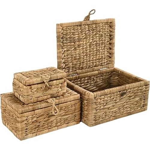 Wicker Storage Basket with Lid Set of 3 – Decorative Seagrass Boxes for Organizing Toys, Clothes & Essentials – Handwoven Natural Storage Bins for Home Decor