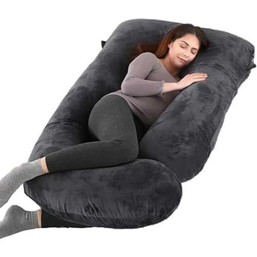 Pregnancy Pillow, Full Body 57 Inch Maternity Pillow with Removable Washable Cover - Sleep Support for Legs, Back, Neck, Shoulder, HIPS, Belly for Pregnent Women, Black Grey Velvet Cover