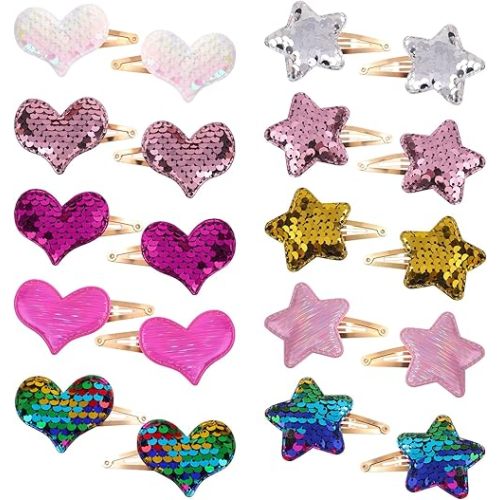 Choicbaby 20 Pcs Sequins Hair Pins Snap Hair Clips for Girl Star and Heart Metal Hair Accessories for Baby Girls Infants Toddler