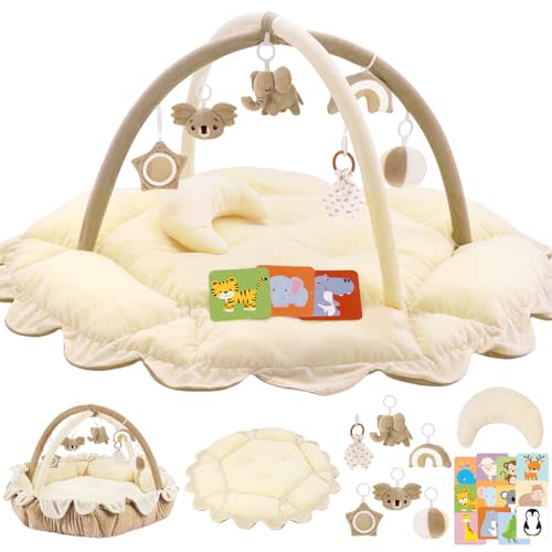 5-in-1 Plush Baby Play Gym, Activity Mat with Convertible Gym and Pillow, 6 Sensory Toys, Play Center from Newborn to Toddler, Cream