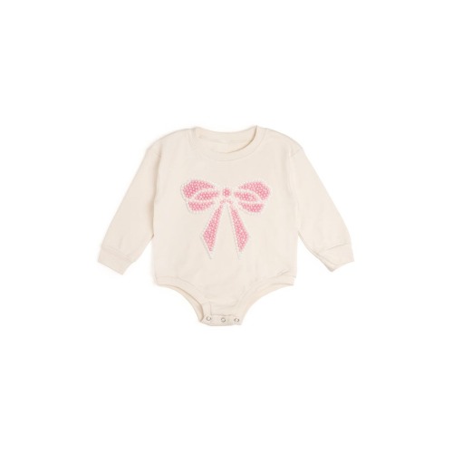 Pearl Bow Patch Long Sleeve Romper, 3-6M