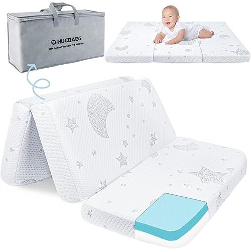 Trifold Pack and Play Mattress, Pack N Play Mattresses with Dual-Sided Memory Foam, Foldable Baby Mattress for Pack and Play Playpen with Removable Cover and Travel Bag