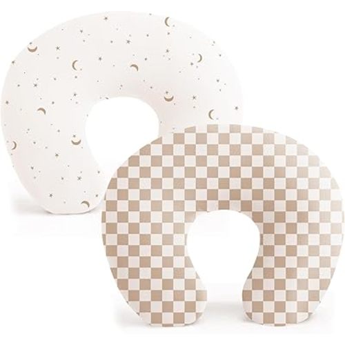 Konssy 2 Pack Nursing Pillow Covers, Stretchy and Soft Nursing Cover for Breastfeeding Pillows, Pillow Slipcover for Baby Girls Boys Newborn (Moon,Coffee Check)