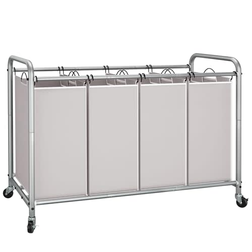 STORAGE MANIAC Laundry Sorter 4 Section, 47.5 Gal (180 L) Laundry Hamper with Wheels, Clothes Divider Basket Sorter, Clothes Separator Hamper Cart with Wheels and Removable Bags, Gray