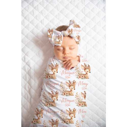 Personalized Deer Baby Girl Blanket | Swaddle Set | Custom Name Blanket | Bow Knot Hat Beanie | Baby Shower Gift | Photo Prop, Boho Theme