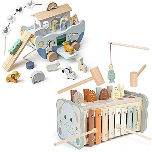 Joyreal Wooden Montessori Toys for 1 Year Old - Neutral Color Noah's Ark Toy and Hammering Pounding Toy - Christmas Birthday Gifts for 1-3 Year Old Toddler