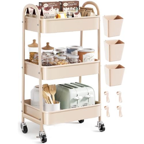 Beige 3 Tier Rolling Cart Metal on Wheels, Three Tiered Storage Organizer Utility Trolley with Wheels for Art, Craft, Baby Diaper Caddy, Snack, Book, Nail, Lash, Cleaning Supplies, Kitchen, Bathroom