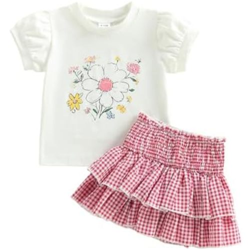 Toddler Baby Girl Summer Clothes Cute Floral Short Sleeve Tee Shirts and Plaid Skirt Set 2PCS Little Kids Outfit