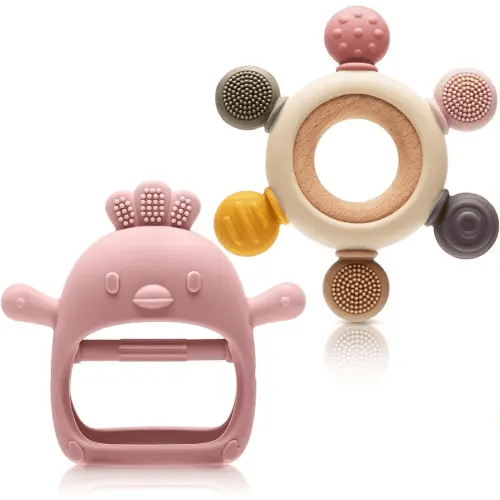 2 Packs Baby Teething Toy for 3-6 6-12 Months, Teether Mitten & Silicone Rudder with Wooden Ring, Food Grade Silicone, BPA-Free, Baby Chew Toys for Sucking Needs