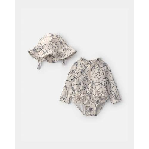 Baby Girl 2-Piece Floral Rashguard Swimsuit & Hat Set - Black/Ivory | Carter's