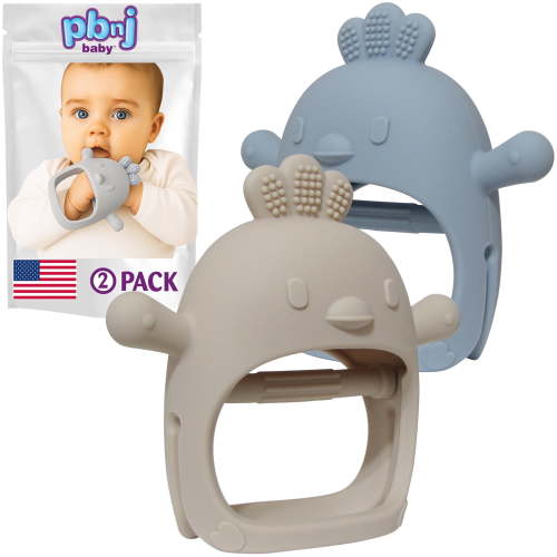 PBnJ baby 2 Packs Silicone Teething Mitten (Beige & Blue)