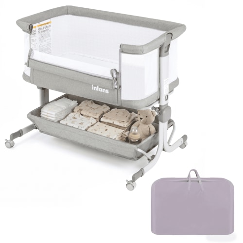 OLAKIDS 3-in-1 Baby Bassinet, Bedside Sleeper with Comfy Mattress, Wheels, 6-Height Adjustable, Storage Basket, Travel Bag, Portable Mesh Crib, Gray
