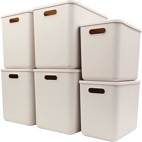 Plastic Storage Baskets With Lid Organizing Container Lidded Knit Storage Organizer Bins for Shelves Drawers Desktop Closet Playroom Classroom Office (4XL+2L, Light grey)