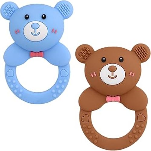 Baby Bear Teething Ring Rattle, Soft Silicone Teether Toy, Blue (Turquoise)