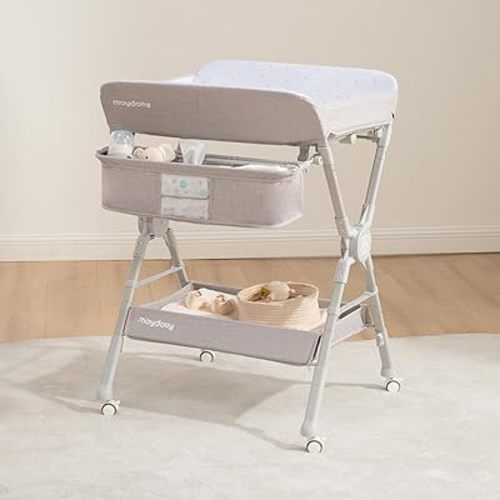 Maydolly Changing Table，Portable Diaper Changing Station, Foldable Baby Changing Table,Compact Nursery Diaper Changing Table for Baby，Adjustable Height，Mobile on Wheels (Grey)