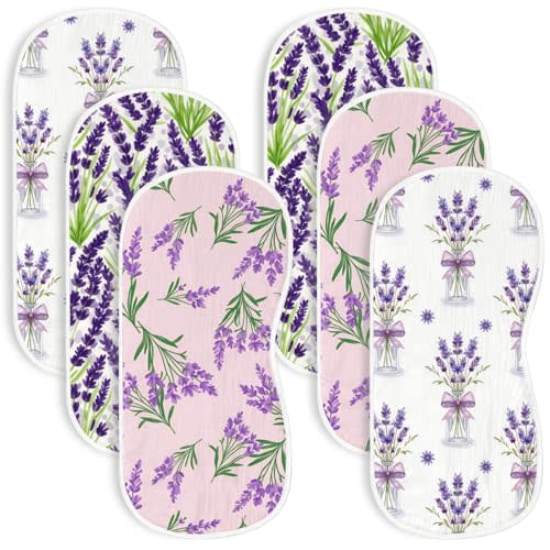 Purple Lavender Floral Baby Burp Cloths 6 Pack Soft Cotton Rags Large 20x10 Contoured Curved Shoulder Spit Up Pad Highly Absorbent Breathable Washcloths Newborn Essential Girl Neutral