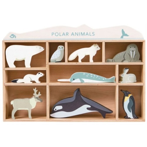 Wooden Polar Animal Figures and Display Case