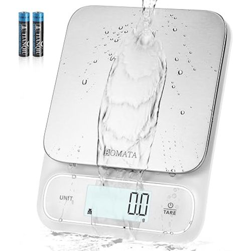 BOMATA Waterproof IPX6 Kitchen Scale, 0.1 g/0.01 oz High Precision, 5 kg/11 lbs, Digital Scale with Backlight, Stainless Steel Weighing Platform, for Food, Cooking, Baking, Weight Loss.. B619, White