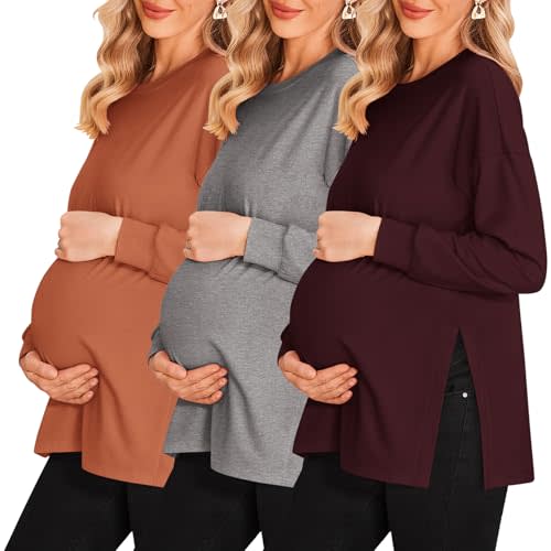 Ekouaer 3 Packs Maternity Shirts Split Side Pregnancy Workout Tops | Long Sleeve Maternity Top, Casual Maternity Outfits, Crew Neck Maternity Blouse, Soft Maternity Clothes