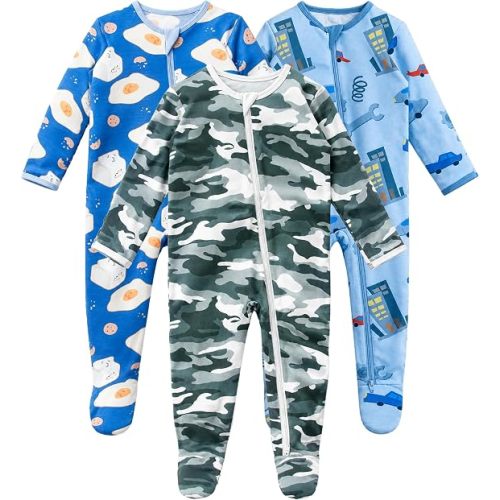 GUISBY Baby Footed Rayon of Bamboo Pajamas 2-Way Zipper | Soft Rayon of Bamboo Sleepwear, 2-Way Zipper, Mitten Cuffs, Breathable Comfort, Baby Gift