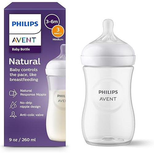 Philips Avent Natural Baby Bottle with Natural Response Nipple (Medium Flow,Flow 3), 9oz, SCY903/01