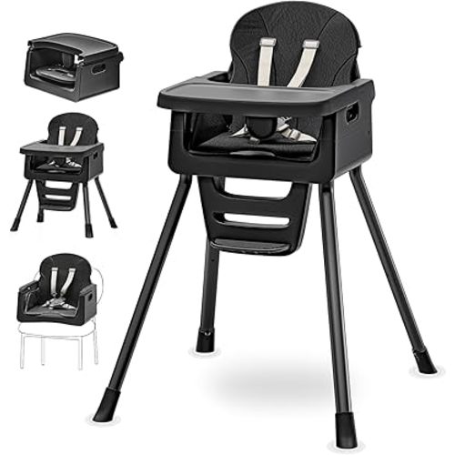 Portable High Chairs for Babies and Toddlers, Convertible Baby Feeding Chair with Tray, Easy Clean High Chair for Toddler with Foot Rest, Infant Highchairs & Booster Seats with Cushion Black