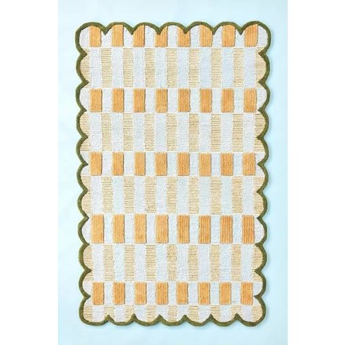 Chula Vista Rug_Hand-Tufted Wool Area Rug with Scalloped Edges, Plaid Pattern, Cozy and Soft Accent Rug for Living Room, Bedroom, Nursery, Handmade Carpet (Light Blue, Beige, Green, 5x8 Feet)