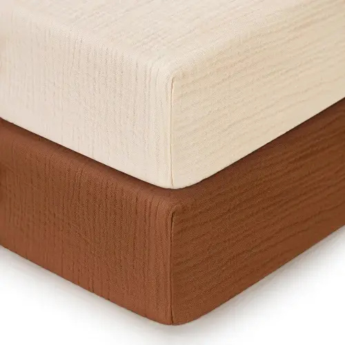 Pro Goleem 2 Pack Muslin Crib Sheets for Boys and Girls, 100% Cotton Soft Breathable Neutral Fitted Baby Bed Sheets Set for Standard Crib Mattress & Toddler Mattress 52"x28", (Brown＆Beige)